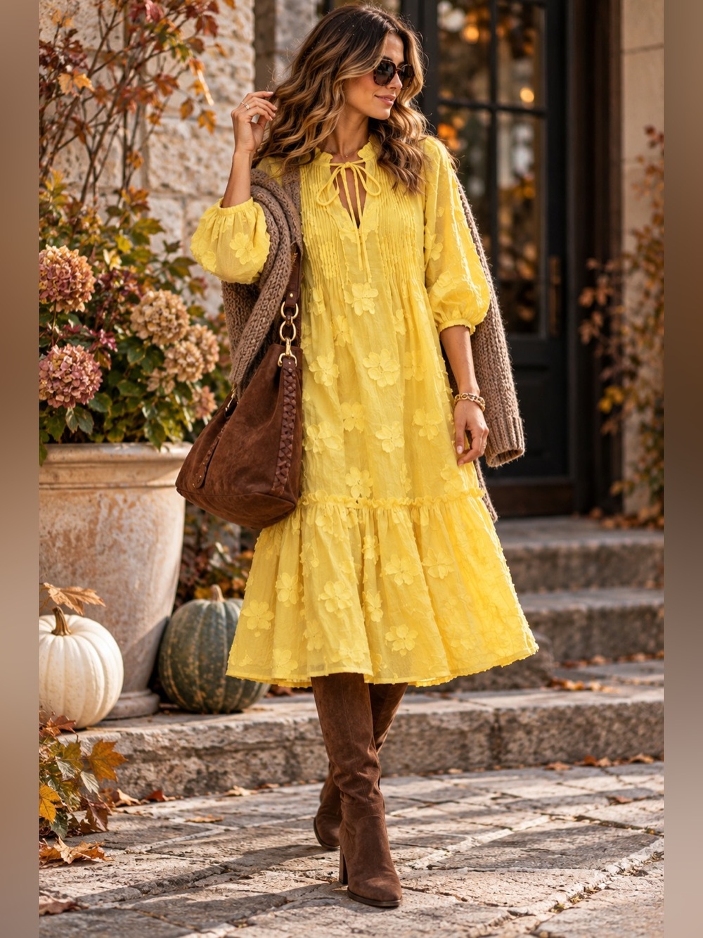 Sundance Yellow Floral Textured Midi Dress XL Boho Pintuck Cotton Blend NWT